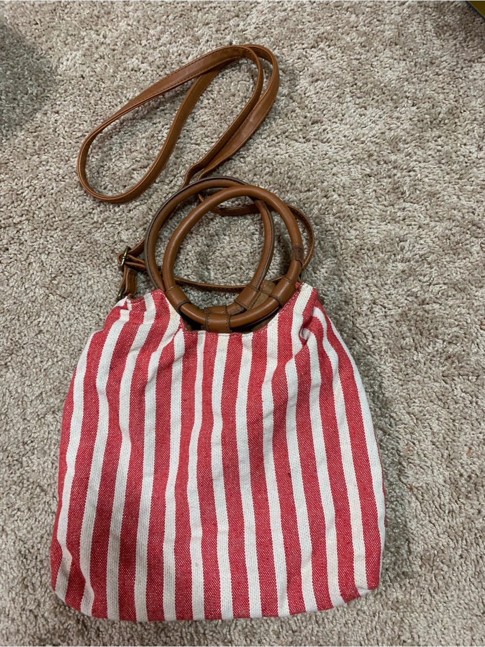 Red and White Striped Canvas Tote with Brown Leather Handles